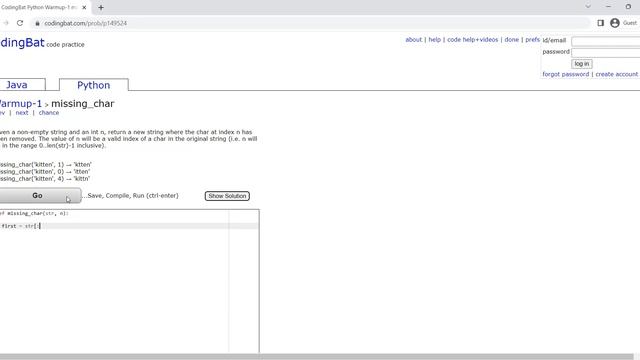 CodingBat Solution (Python) - Warmup1: Missing-Char смотреть онлайн