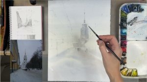 Snow city. Free watercolor video-lesson with English subtitles. Part 2