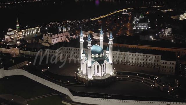 D-Log. Kazan, Russia. Kul Sharif Mosque. Aerial view of the Kazan Kremlin. Night time, Aerial View, смотреть онлайн