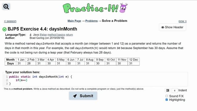 Java Practice It | 4.4 daysInMonth | if/ else/ else if statements, int return method, int parameter смотреть онлайн