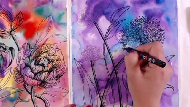 Purple Allium Flowers In Watercolour & Markers Technique