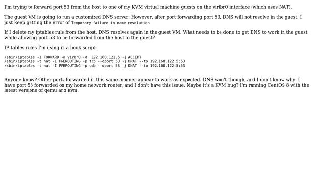 KVM Port Forwarding Port 53 to Guest via NAT - Temporary failure in name resolution смотреть онлайн