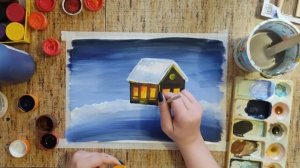Избушка в зимнем лесу. Рисуем гуашью.