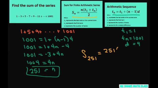 Find the sum of the series 1-3+5-7+9-11+ ....+1001. Arithmetic Series смотреть онлайн