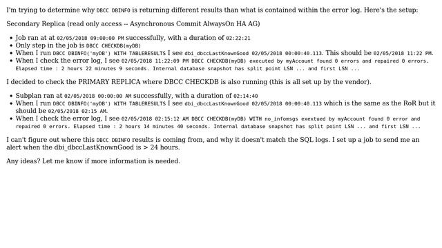 Databases: DBCC DBINFO incorrect dbi_dbccLastKnownGood смотреть онлайн