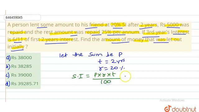 A person lent some amount to his friend at 20% SI after 2 years, Rs 5000 was repaid and the rest... смотреть онлайн