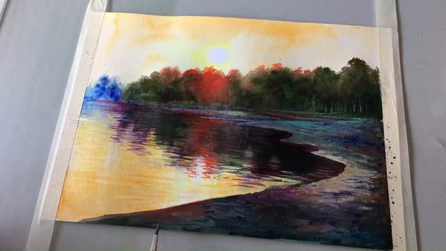 Рисуем пейзаж, закат, речку акварелью #2. смотреть онлайн