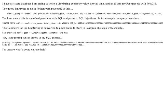 GIS: Inserting a Shapely Geometry LineString back into PostGIS database with psycopg2? смотреть онлайн