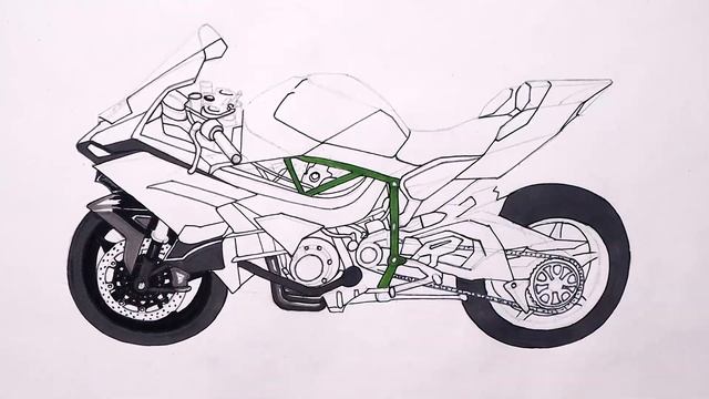 Realistic Motorcycle Drawing - Kawasaki H2 - Time Lapse - Drawing Ideas