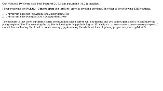 Databases: pgAdmin - "cannot open logfile!" (WINDOWS 10; Postgres 9.4) смотреть онлайн