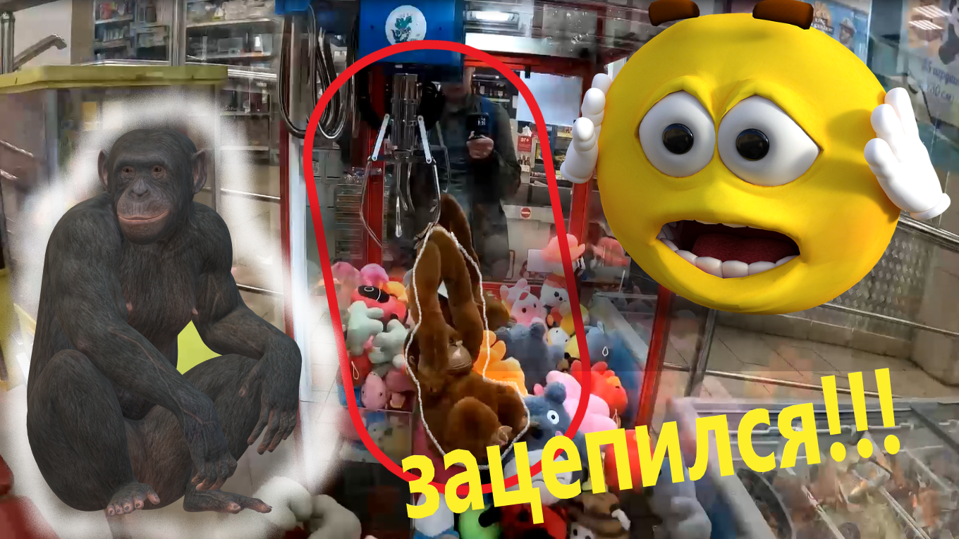 Обезьяна ЗАЦЕПИЛАСЬ за клешню в автомате-хватайке на Дубнинской улице!!! смотреть онлайн