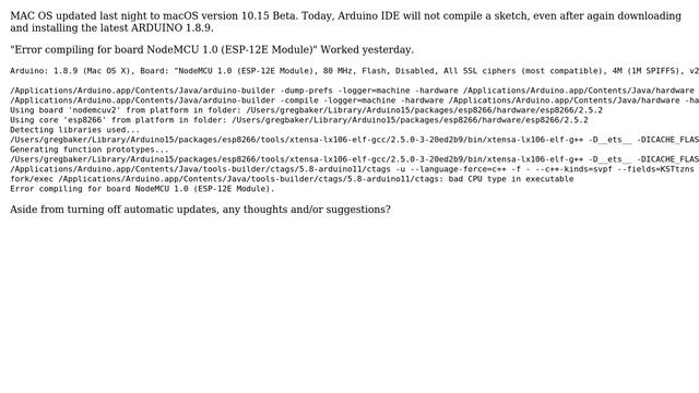 MAC OS and Arduino IDE updated fails to compile ESP-12E NodeMCU 1.0 смотреть онлайн