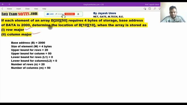 D[20][50] 4 bytes of storage, base address 2000, location of D[10][10] Row major & column major смотреть онлайн