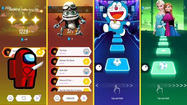 Among us vs Doraemon vs Crazy Frog Axel F vs Frozen Elsa | Tiles Hop EDM Rush смотреть онлайн