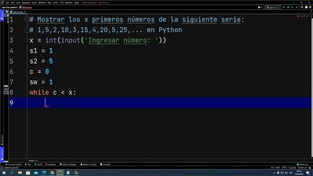 Mostrar los x primeros números de la siguiente serie: 1,5,2,10,3,15,4,20,5,25,... en Python смотреть онлайн