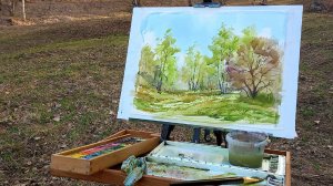 Первая зелень, работа акварелью на пленэре, просто и подробно