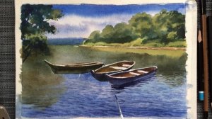 Уроки рисования. Как рисовать воду акварелью.  Пейзаж « Лодки».