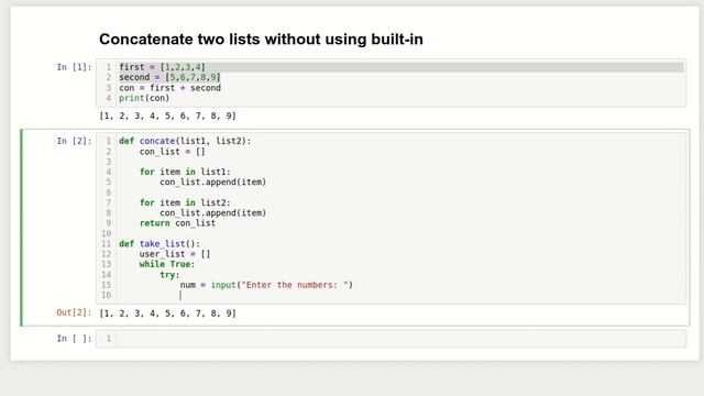 Concatenate two given lists without using built-in - python смотреть онлайн