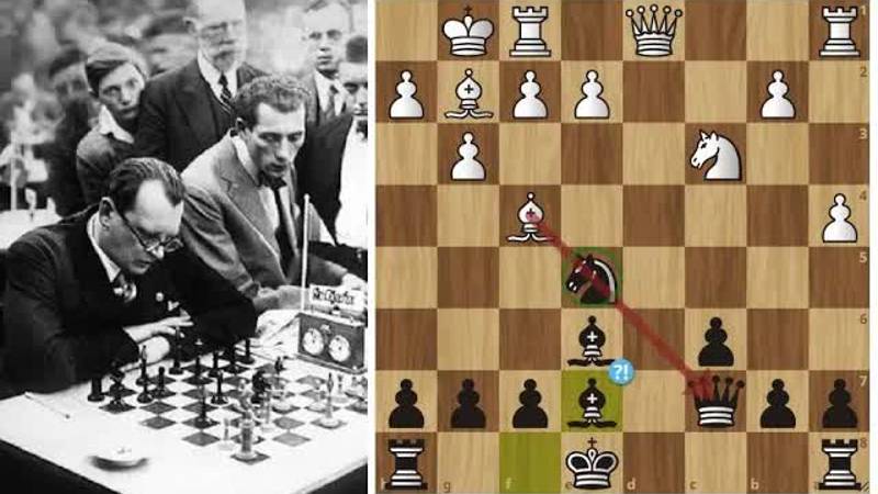 А.Алехин - М.Эйве： Подвисший КОНЬ! 1 партия матча на ПЕРВЕНСТВО МИРА. Шахматы.