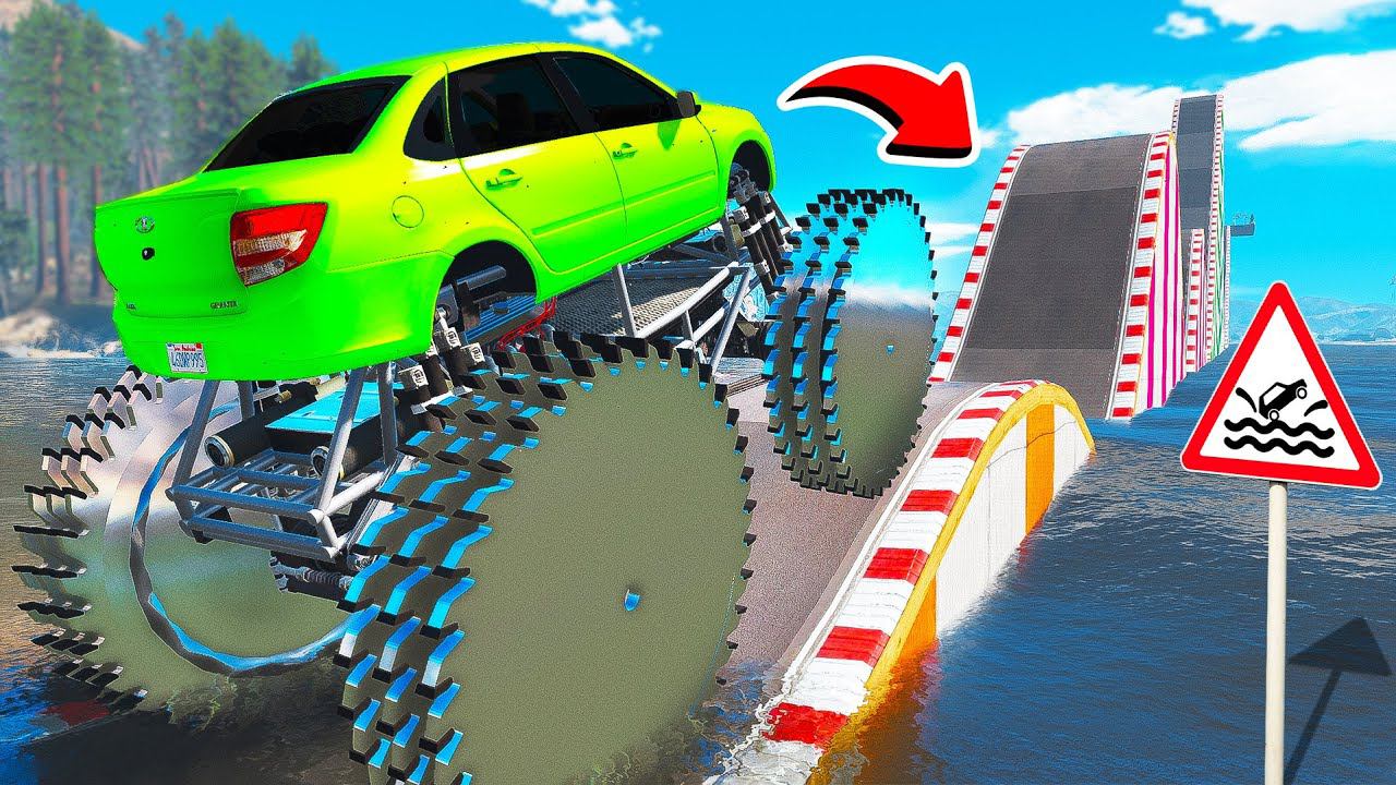 СМОЖЕТ ЛИ ГИГАНТСКАЯ ЛАДА ГРАНТА ПРОЕХАТЬ ВОДНЫЕ КОЧКИ В ГТА 5 МОДЫ! ЭКСПЕРИМЕНТЫ В GTA 5 MODS смотреть онлайн