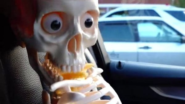 Funny BABY SKELETON DRIVING PARENT CAR! MCDONALD'S DRIVE THRU HAPPY MEAL