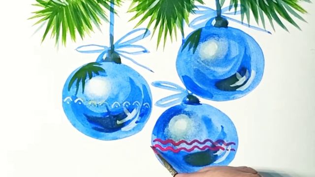 Синие новогодние шары, как нарисовать гуашью. смотреть онлайн