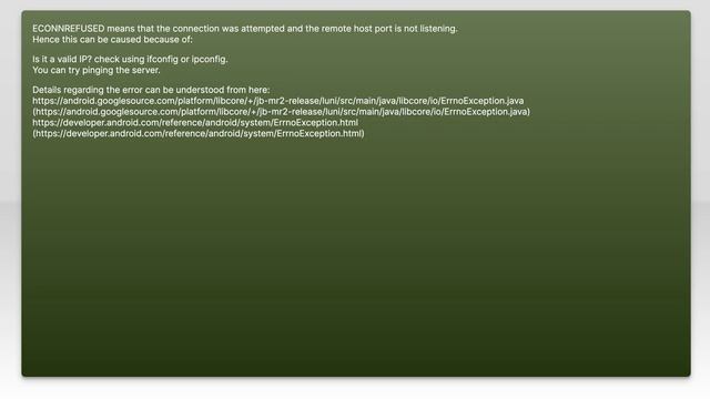 Android.system.ErrnoException: isConnected failed: ECONNREFUSED (Connection refused) смотреть онлайн