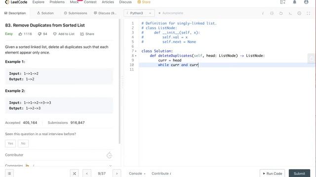 Leetcode 83. Remove Duplicates from Sorted List Python смотреть онлайн