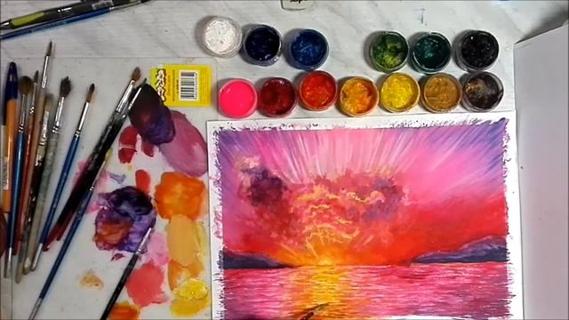 Закат на море. Живопись гуашью. Часть 2 смотреть онлайн