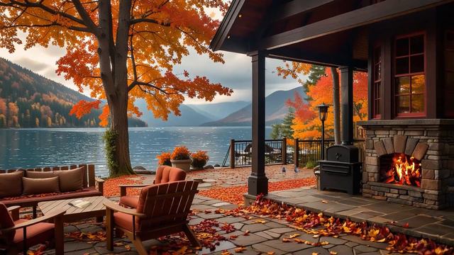Quiet Terrace Autumn Lakeside ~Crackling Fireplace Sound + Chirping Birds Help Sleep ,Reduce Stress