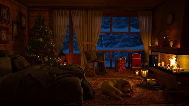 Cozy Christmas Ambience In A Wooden Cabin - Relaxing Blizzard, Fireplace Crackling And Howling Wind