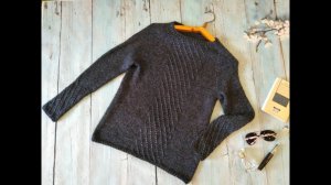 Пуловер Лунная ночь с диагональным узором спицами. Реглан снизу