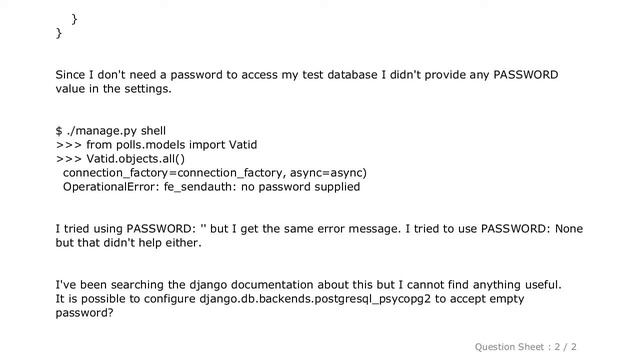 Django : connect to a DB using psycopg2 without password смотреть онлайн