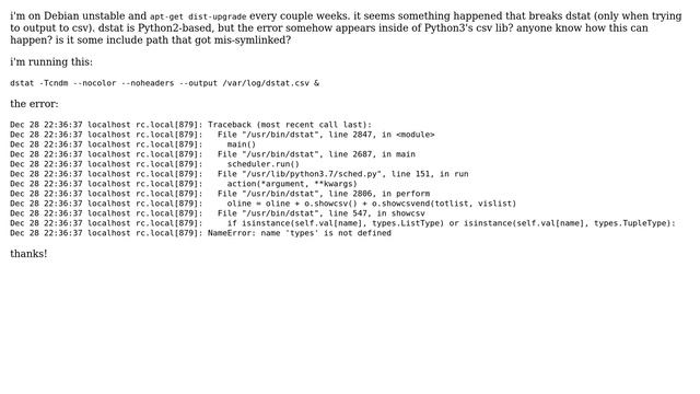 DevOps & SysAdmins: dstat fails to start...trying to load python3's csv? смотреть онлайн