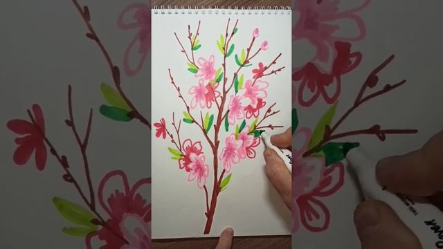 Цветущая ветка персика - рисунок маркерами. смотреть онлайн