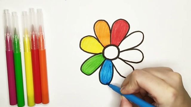Уроки рисования для детей. Как нарисовать цветок. Разноцветная ромашка. Раскраска для малышей. смотреть онлайн