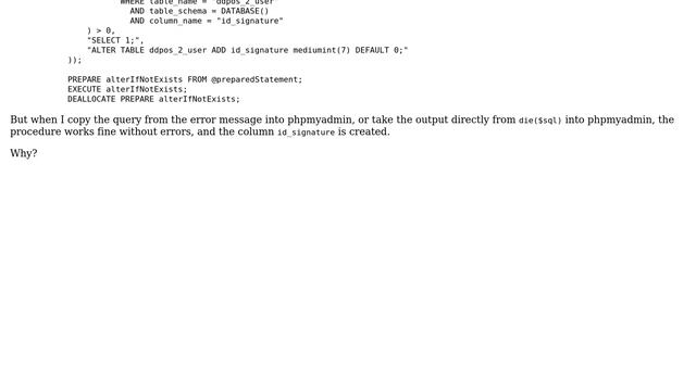 Databases: mySQL throws error, but if copied from error message or die() into phpmyadmin it works смотреть онлайн