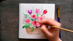 Как нарисовать КОРЗИНУ С ТЮЛЬПАНАМИ И РОЗАМИ акварелью | Рисунок на 8 марта