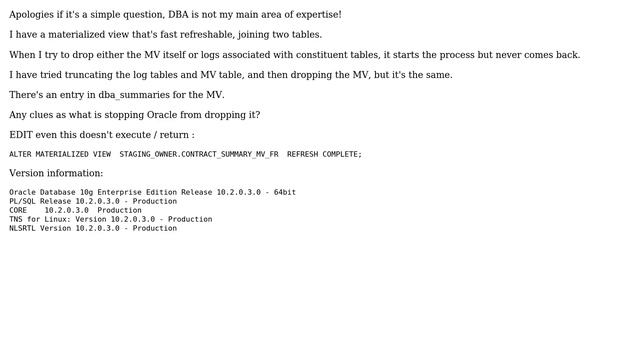 Problem with dropping materialized views and mv logs taking a long time (or never) to complete смотреть онлайн
