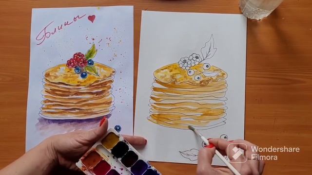 Урок рисования для начинающих. Акварельный скетч " Вкусные блины". смотреть онлайн