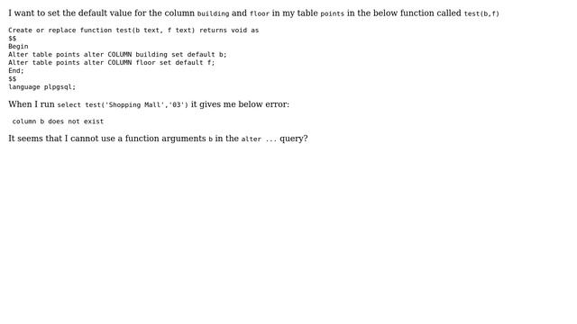 Databases: use function arguments or variable in postgres function смотреть онлайн