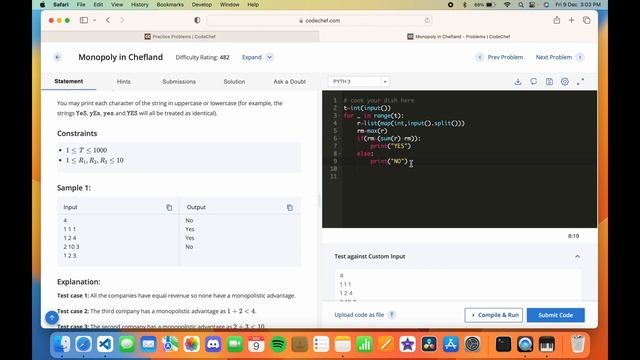 CodeChef Problem: Monopoly in Chefland Solution in Python, C, C++ and Java | START66 | Code Kitchen смотреть онлайн
