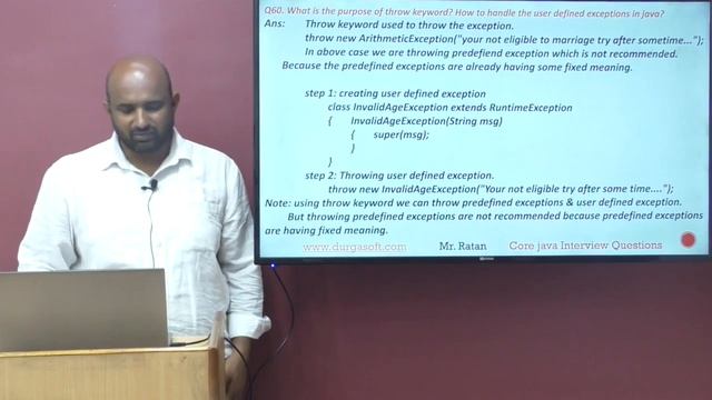 Q60. What is the purpose of throw keyword? How to handle the userdefined exceptions in java?| смотреть онлайн