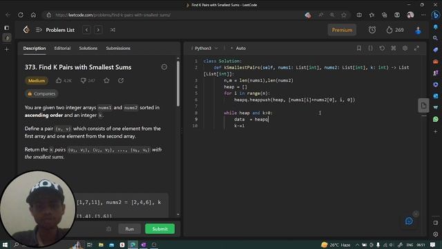 Find K Pairs with Smallest Sums | Leetcode Q.373 | Python| C++| Java| JS | LeetCode Daily Challeng смотреть онлайн