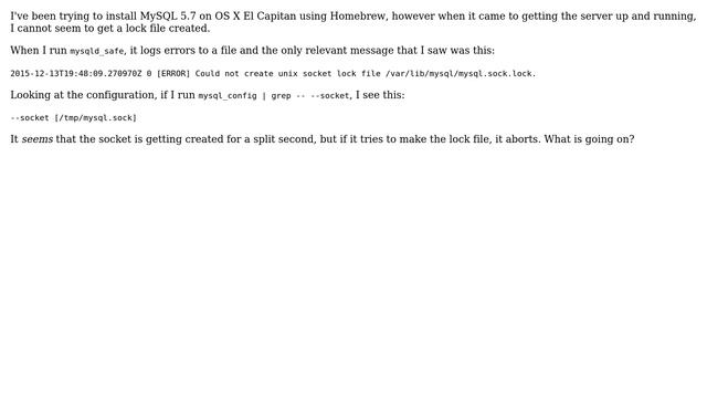 "Could not create unix socket lock file" with MySQL 5.7.10 on OS X 10.11.2 смотреть онлайн