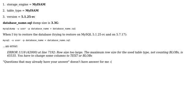 MySQL: error 1118 (42000) row size too large смотреть онлайн