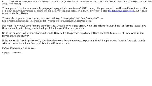 pulling git-via-ssh repo via Puppet: "Could not create repository (non-repository at path)" смотреть онлайн