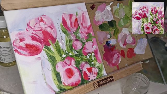 Пишу повтор картины. Тюльпаны маслом на холсте. смотреть онлайн