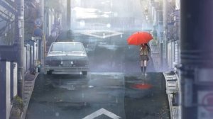 Грустная музыка Девушка идет по улице под дождем с красным зонтом,