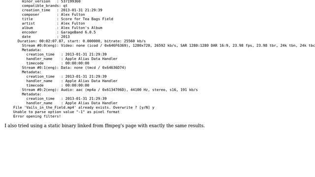 ffmpeg: Unable to parse option value "-1" as pixel format смотреть онлайн